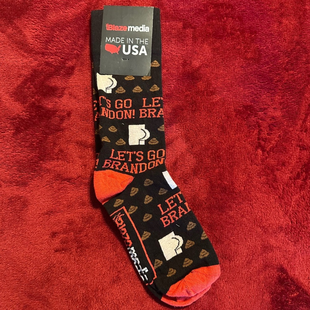 Blaze Media Lets Go Brandon Novelty Crew Socks Black Orange Made in USA NWT